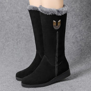 Women's High Faux Suede Boots Fur Lined Warm Winter Boots Mid-Calf Plush Flat Boots Zipper