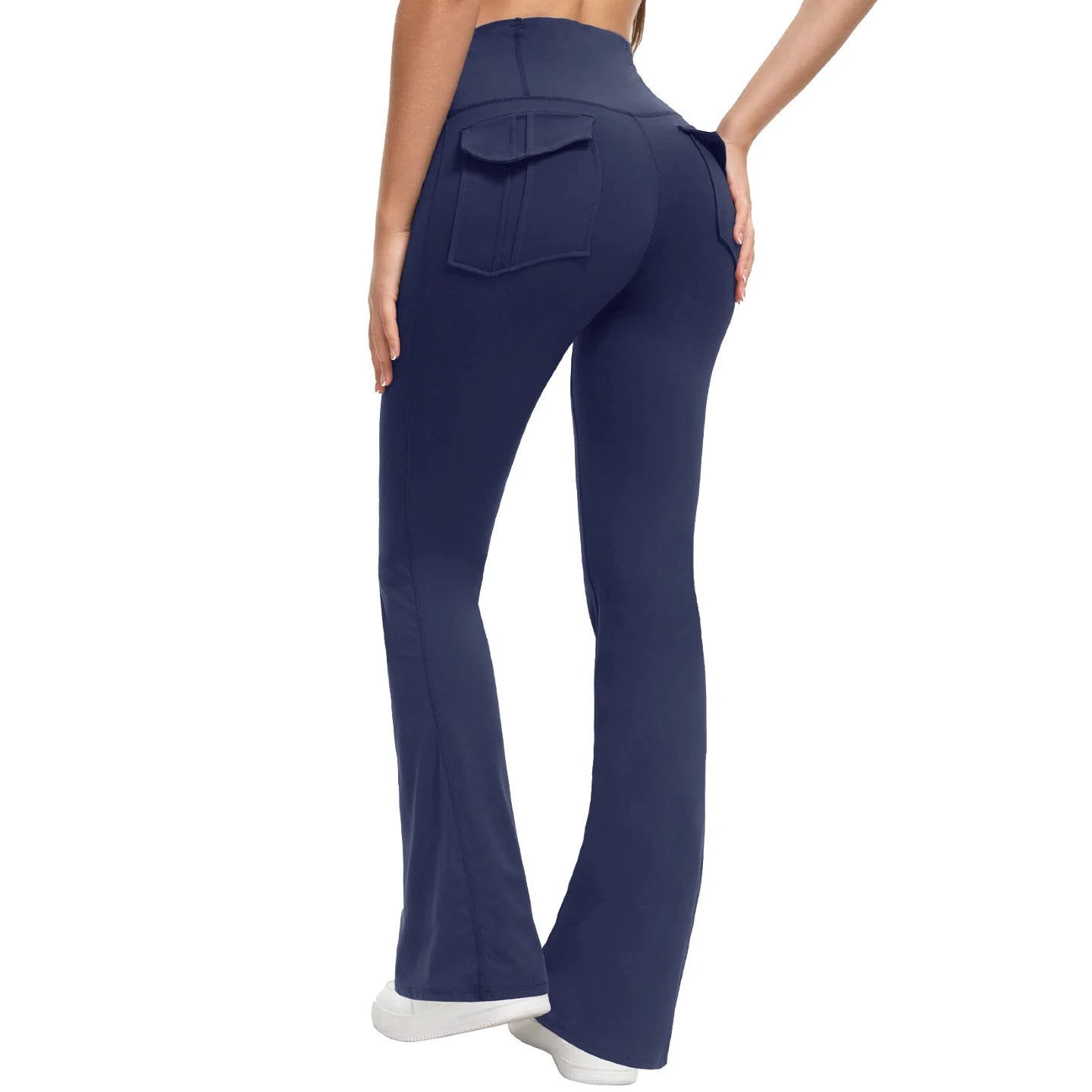 Navy blue pants worn by a person on a white background