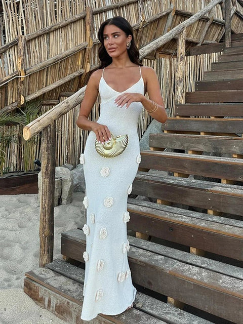 Maxi Dress Women Elegant 3D Flower Sling Deep V-Neck Sleeveless Chic Spring Summer Party Dress