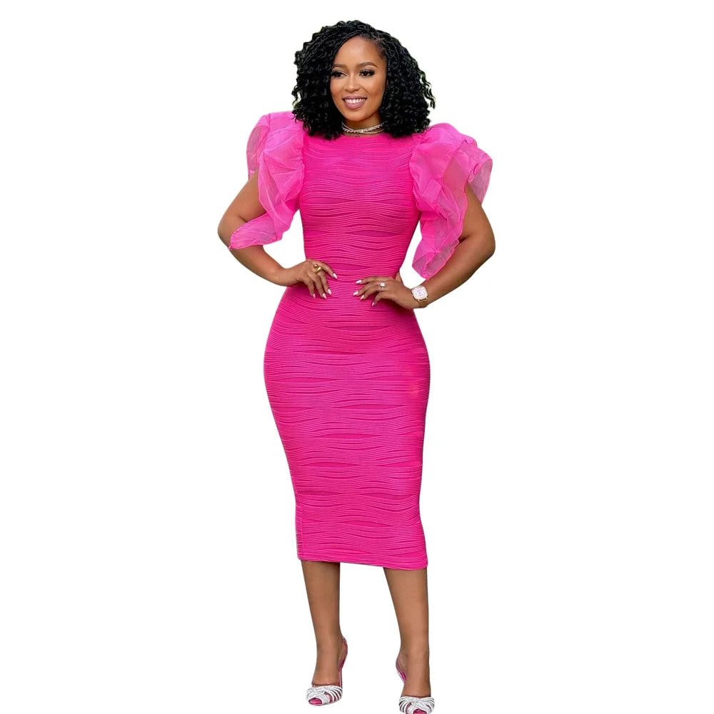 Elegant Hot Striped Bodycon Midi Dress with Sheer Ruffle Sleeves