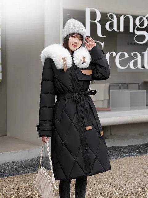 Puffer Jacket Women Long Padded Quilted Big Faux Fur Collar Belt Warm Chic Winter Coat Outerwear