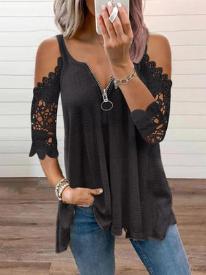 Women's Oversized T-Shirt Cutout Black Lace 3/4 Sleeves Casual V-Neck Tops