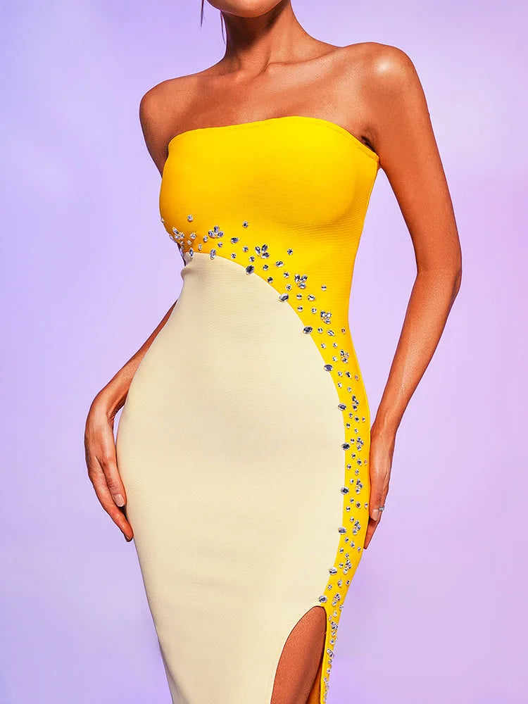 Yellow Strapless Bandage Party Dress New Fashion Double Color Rhinestones Split Bodycon Elegant Dress