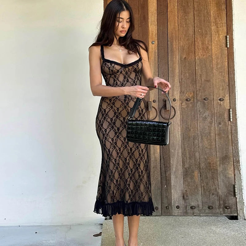 Black Lace Slip Dress Spaghetti Strap Frill Midi Dress Sexy Bodycon Night Club Party Dress