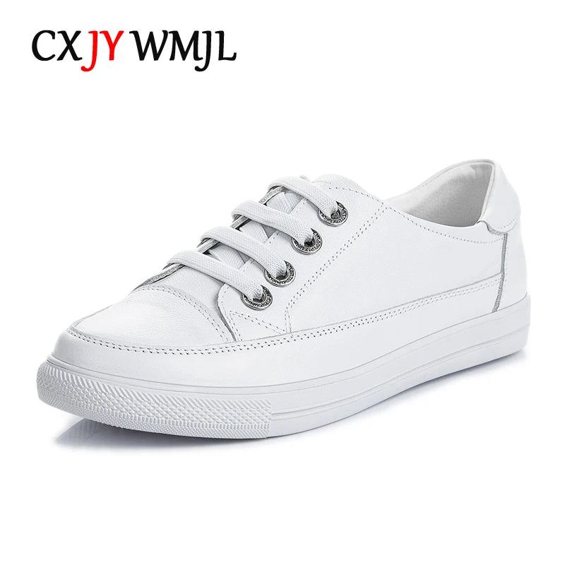 Genuine Leather Women's Casual Sneakers All Season Shoes White Vulcanized Shoes