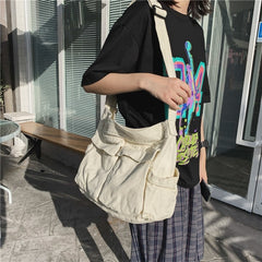 Large Capacity Canvas Shoulder Bag with Multiple Pockets Tote Bag for School Shopping Work