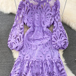 Women's Lace Short Dress Hollow out Floral Embroidery Puff Ruffle Long Sleeve Vintage Elegant Dress