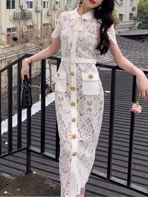 Maxi Dress Women Vintage Elegant Lace Hollow Out Single Breasted Party Cocktail Designer Inspired Long