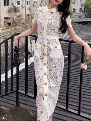 Elegant Vintage Solid Lace Hollow Out Dress For Women Summer Short Sleeve Gold Button Dress