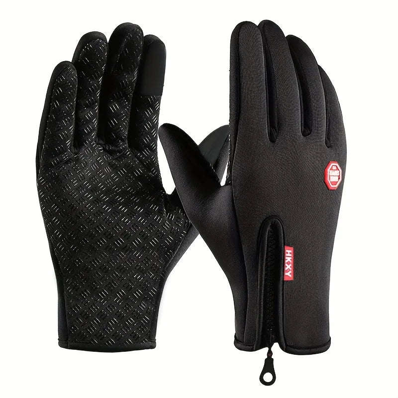 Pair of black gloves with a brand logo on a white background
