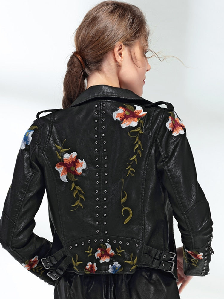 Women's Soft Faux Leather Jacket Floral Print Embroidery Jacket Retro Motorcycle Jacket