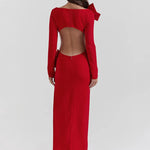 Elegant Backless Sexy Maxi Dress with Bows For Women Fashion Red O-Neck Long Sleeve Bodycon Club Wedding Party Prom Long Dress New