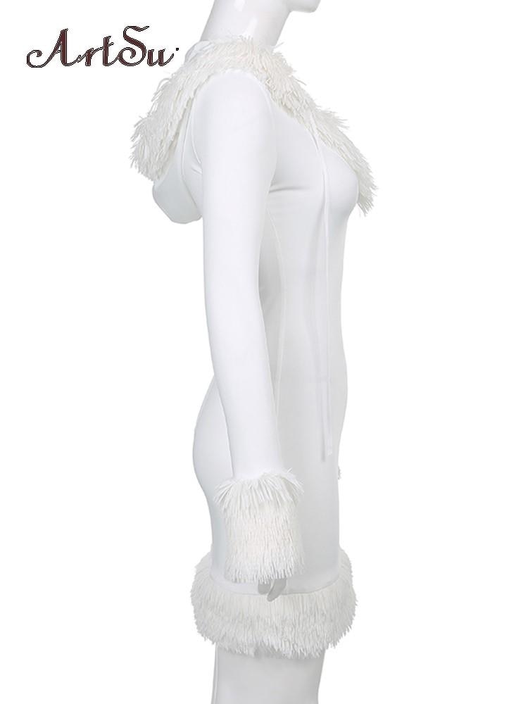 Furry White Bodycon Mini Dresses for Women Long Sleeve Hooded Party Club Dress Skinny Fit