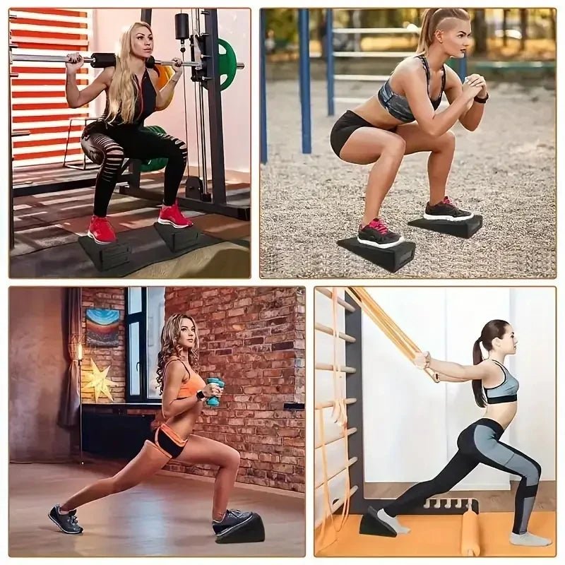Four images of a woman exercising with different fitness equipment platforms in various settings.