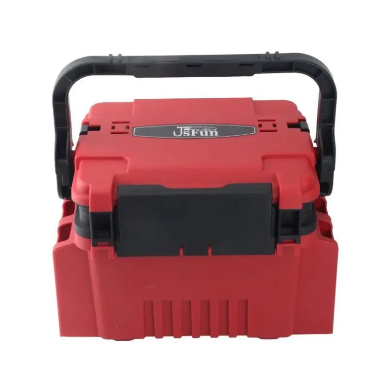 Red toolbox with black handle and visible brand logo on a white background
