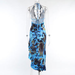 Women's Sexy Backless Bodycon Party Midi Dress Blue Print Ruffle Summer Chic Lace Dress