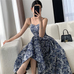 New Fashion Elegant Floral Print Midi Dress Spaghetti Strap Slim A-Line Maxi Chic Dress