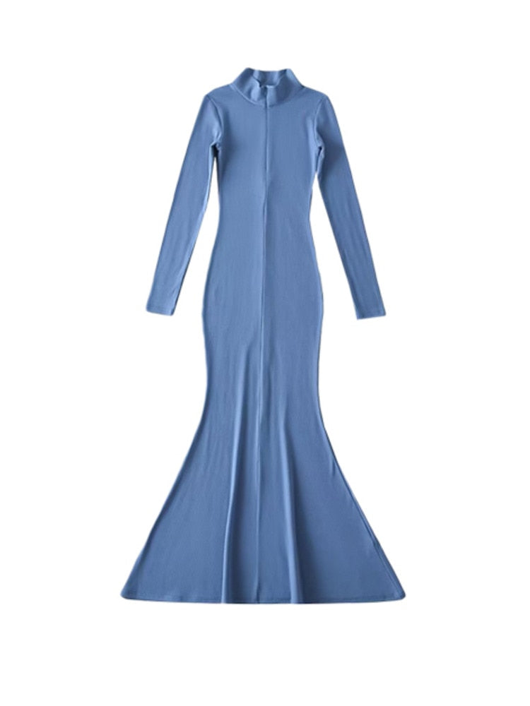 Long Sleeve Tight Slim Zipper Fishtail Long Dress Rib Knitted Dresses