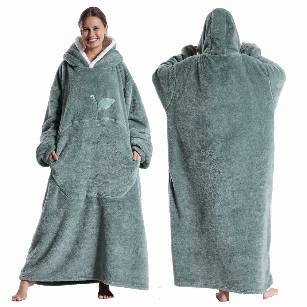 Green hooded blanket worn by a person, shown from front and back on a white background
