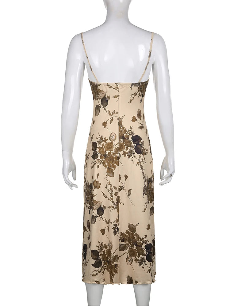Vintage Fairycore Y2K Floral Print Midi Dress Backless Spaghetti Straps Chic Party Dress
