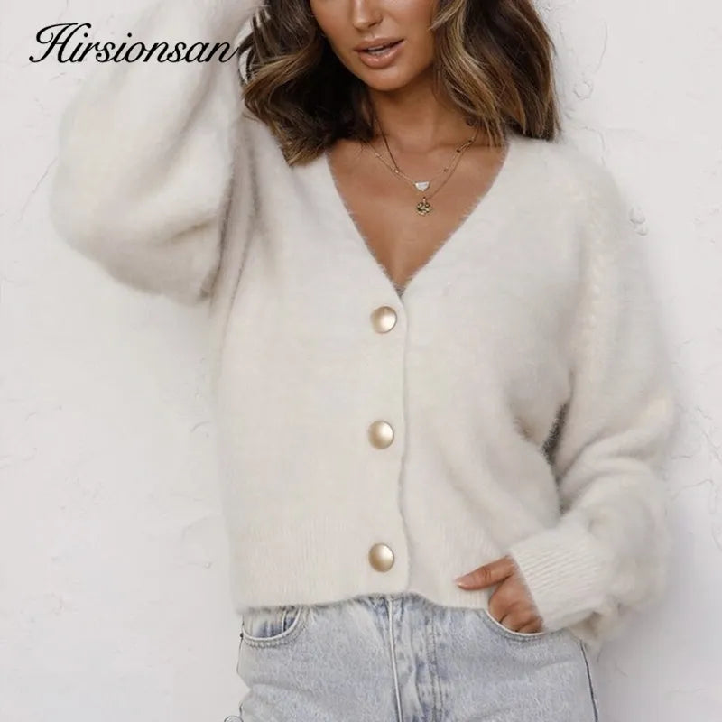 Elegant Long Sleeve Mohair Sweater for Women Single-Breasted Short Cardigan Soft Flexible Knit Outwear