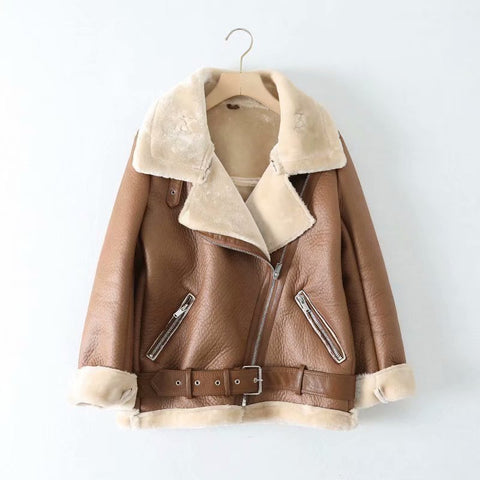 Faux Leather Jacket Women Sheepskin Fur Collar Sleeve Warm Chic Winter Casual Outerwear