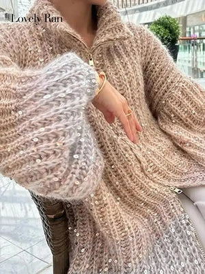 Women's Sequin Cardigan Sweater Sparkly Knitted Long Sleeve Loose Cardigan with Zipper Stand Collar