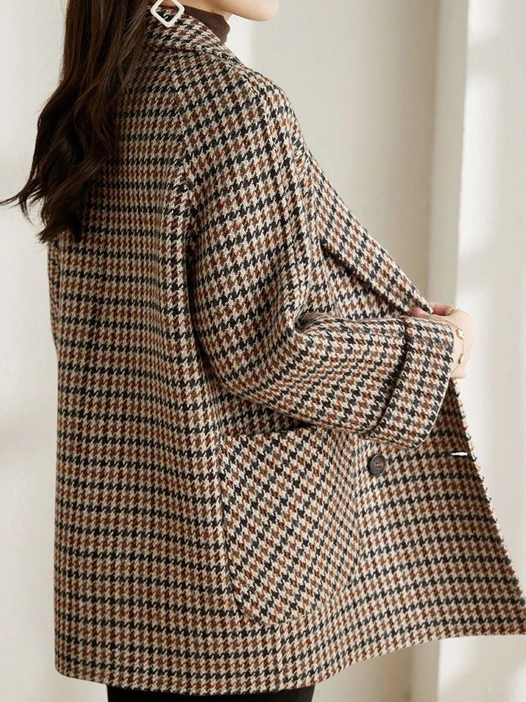 New Vintage Women's Plaid Wool Blazer Double Breasted Suit Jacket Loose Blazer Coat