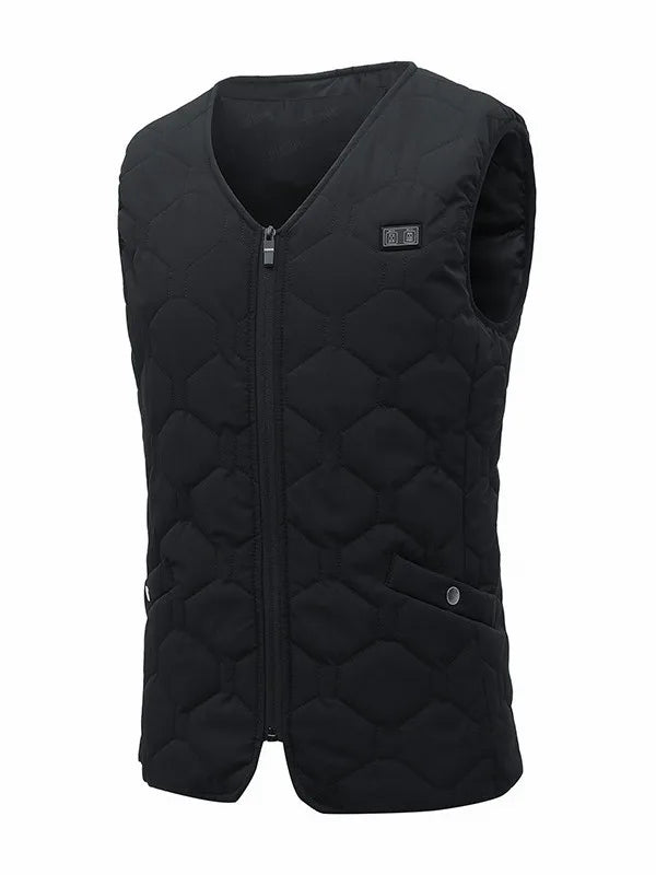 Black quilted vest with a brand logo on a white background
