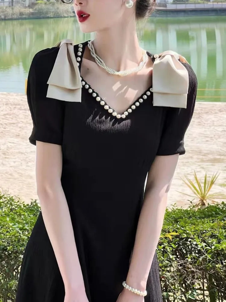 New Fashion Elegant Black Midi Dress Office Party Vintage A-Line V-Neck Pearl Detail Long Dress