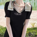 New Fashion Elegant Black Midi Dress Office Party Vintage A-Line V-Neck Pearl Detail Long Dress