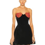 Sexy Strapless Heart Shape Crystal Design Mini Dress Black Velvet Red Heart Diamond Design A-Line Dress Evening Party Clubwear