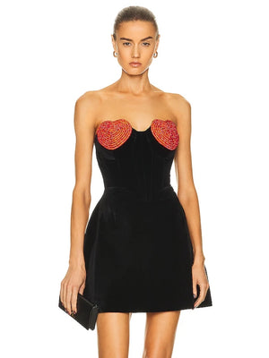 Sexy Strapless Heart Shape Crystal Design Mini Dress Black Velvet Red Heart Diamond Design A-Line Dress Evening Party Clubwear