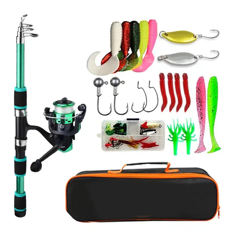 Fishing rod, reel, and various fishing lures with a carrying case on a white background