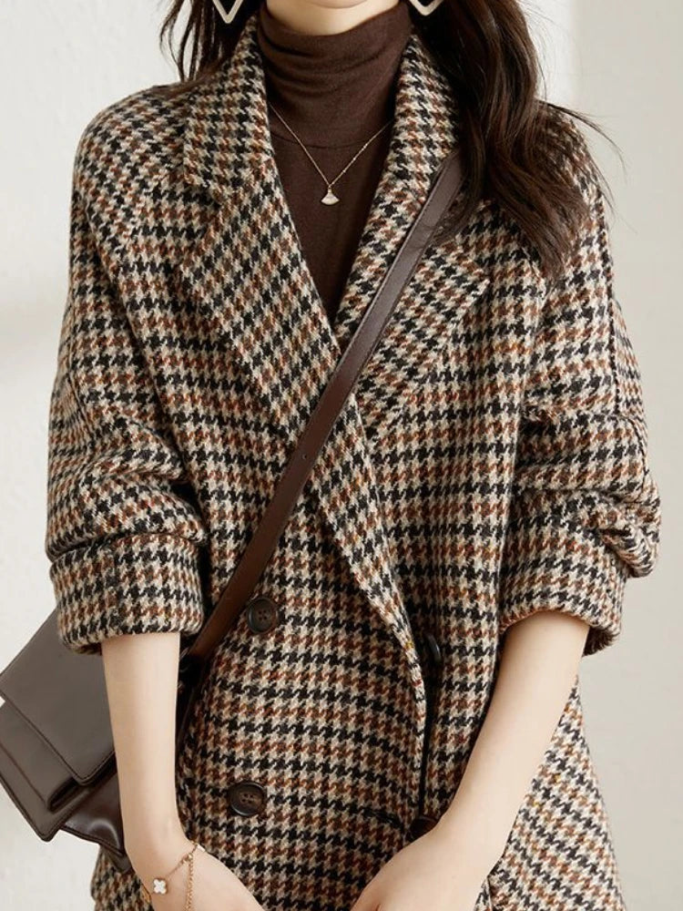 New Vintage Women's Plaid Wool Blazer Double Breasted Suit Jacket Loose Blazer Coat