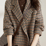 New Vintage Women's Plaid Wool Blazer Double Breasted Suit Jacket Loose Blazer Coat