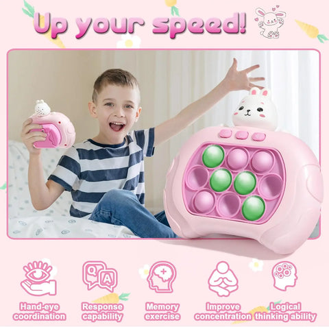 Child playing with a pink electronic toy, surrounded by text and graphics.