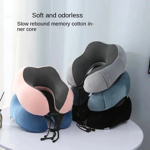 Stack of neck pillows in various colors with text describing their features.