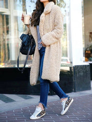 Women's Teddy Long Coats Notched Collar Lapel Faux Fur Jacket Open Front Winter Coats Plus Size Cardigan