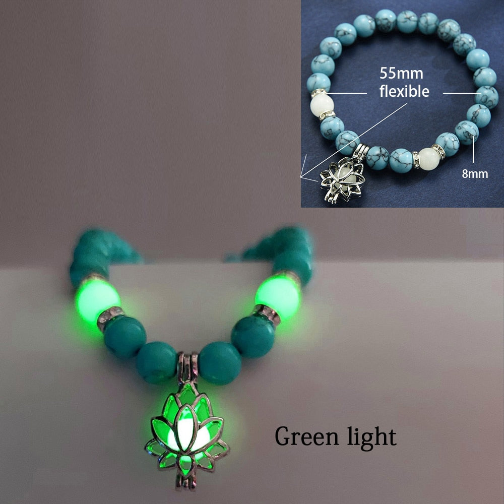 Luminous Glow In The Dark Bracelet Lotus Charm Flower Shaped Charm Bracelet for Women Natural Turquoise Stones Ladies Yoga Prayer Jewelry