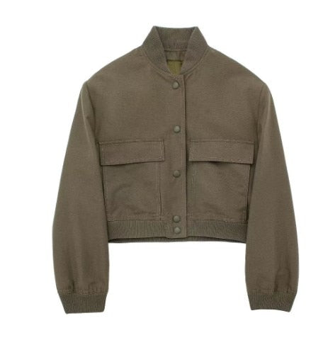 Single Breasted Short Jacket Women Pocket O-Neck Casual Chic Everyday Outerwear Fashion Coat