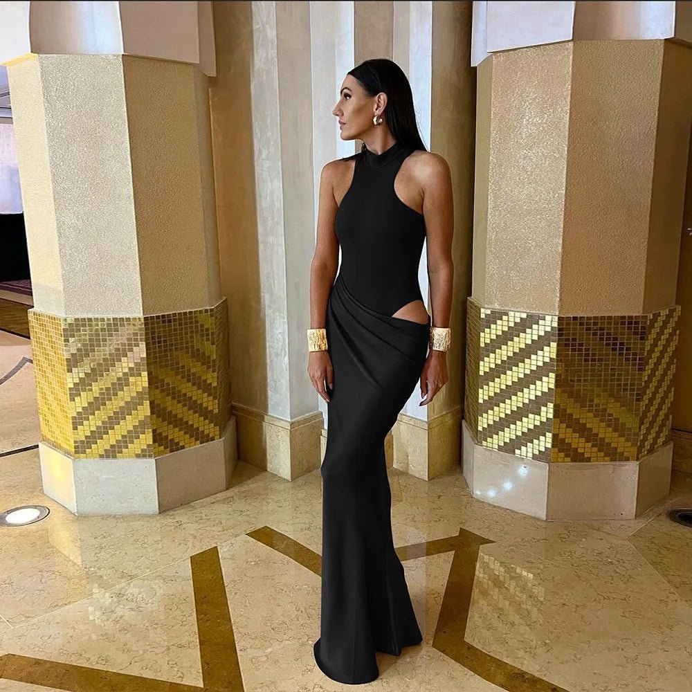 Elegant High-Neck Sleeveless Evening Gown with Draped Satin Skirt