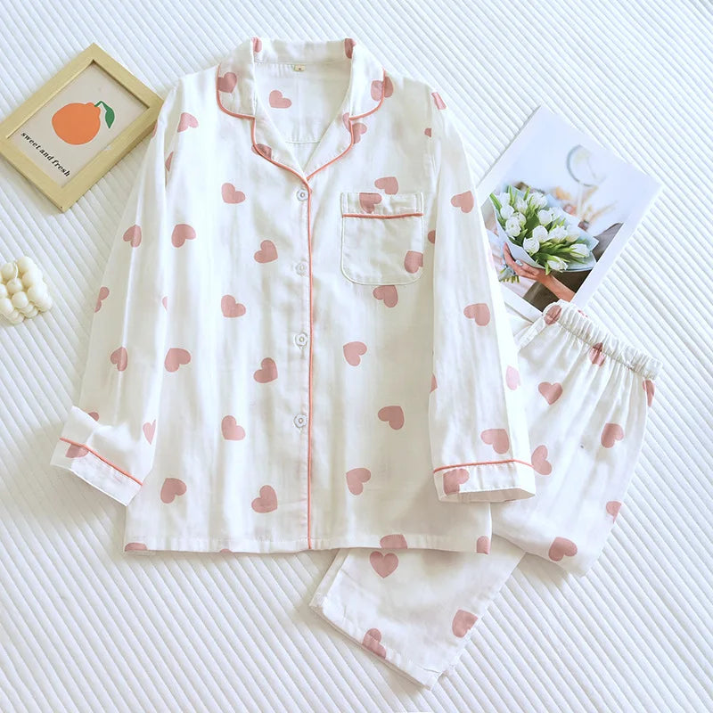 Heart-Print Long-Sleeve Pajama Set 100% Cotton