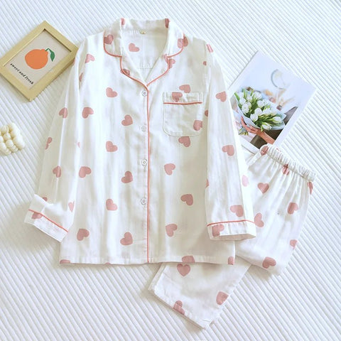 Pajama Set Women 100% Cotton Long Sleeve Heart Print Sleepwear Lounge Pants Top Nightwear Soft
