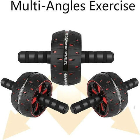 Black and red ab wheel exercise tool with 'ABDOMINAL WHEEL' text on a white background.