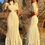 Sexy White Lace Dress Turtleneck Tassel Sleeve Slim Hollow Out Waist Long Dress Spring Summer Beach Maxi Dress