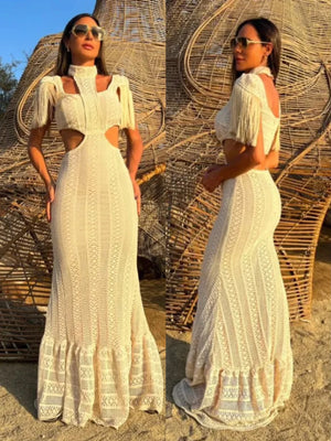 Sexy White Lace Dress Turtleneck Tassel Sleeve Slim Hollow Out Waist Long Dress Spring Summer Beach Maxi Dress