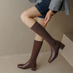 Knitted w/ Faux Leather Knee-High Sock Boots for Women New Fashion Slip On Med Heel Retro Elastic Boots