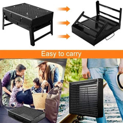 Collapsible outdoor grill with folding design, family using it, and person carrying it.
