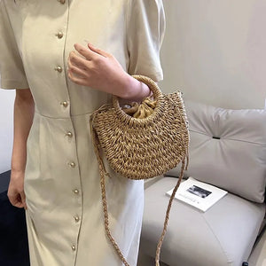 Handwoven Straw Purse Rattan Half-Moon Beach Handbag Large Capacity Women Summer Hollow Out Crossbody Shoulder Bag